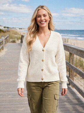Ava & Viv Women's Textured Stitch Button-Front Cardigan Sweater Cream 1X